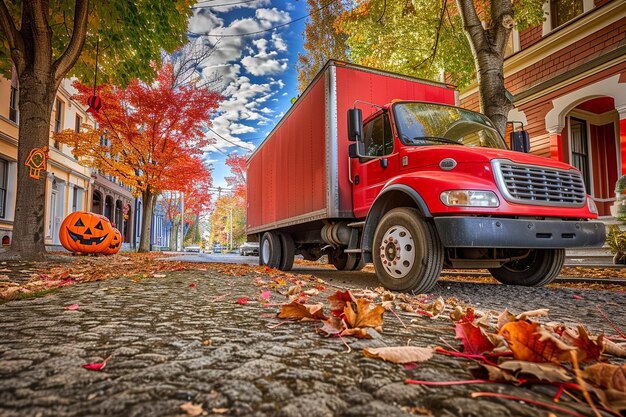 Moving truck parked at a suburban street with autumn leaves and Halloween decorations