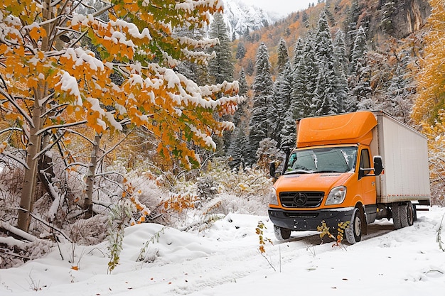 Photo moving truck on snowy forest trail