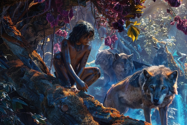 Mowgli a Swarthy Wild Boy on a Beautiful Tree in a Lush Jungle Next to Big Black Panther A Wild Child