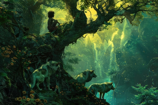 Маугли, чернокожий дикий мальчик на красивом дереве в пышных джунглях рядом с Большой Черной Пантерой, диким ребенком