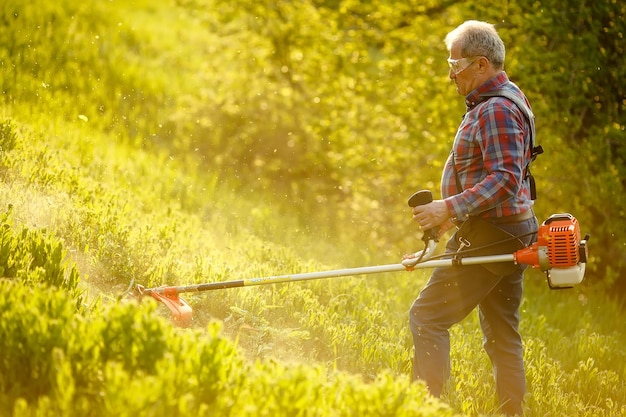 Decespugliatore - lavoratore che taglia l'erba nel cortile verde al tramonto.