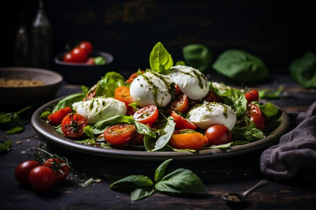 Photo mozzarella burrata salad with basil leaves and tomatoes