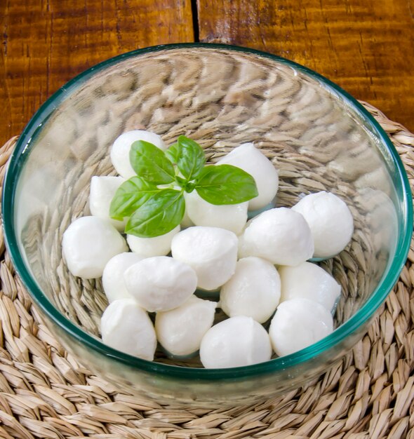 Mozzarella cheese balls in a bowl