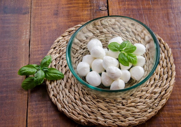 Mozzarella cheese balls in a bowl