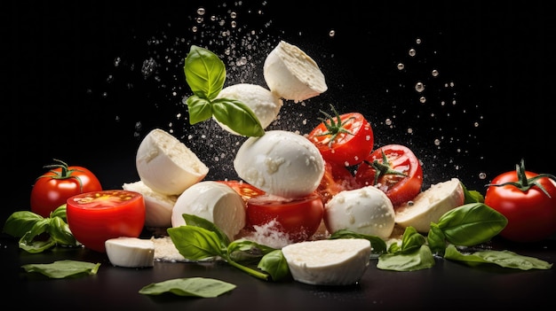 Mozzarella cheese balls tomatoes and basil leaves for caprese salad flying on black background