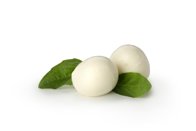 Mozzarella cheese and basil isolated on white background