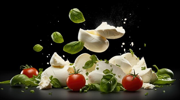 Mozzarella kaas ballen tomaten en basilicum bladeren voor caprese salade vliegen op zwarte achtergrond