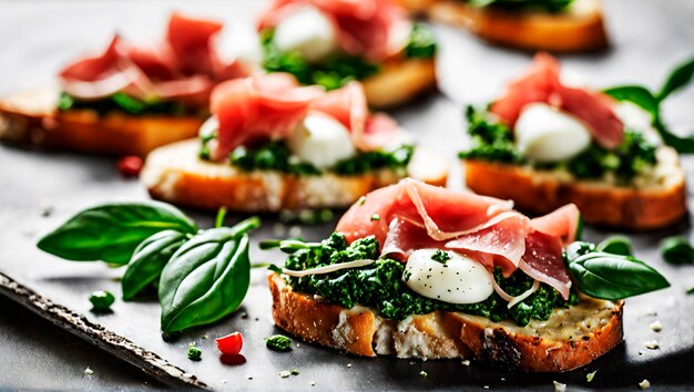 Mozzarella Magic Prosciutto en Arugula Pesto Bruschetta