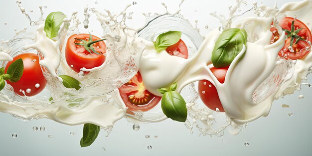 mozzarella slices with tomato and basil in water illustration in the style of scattered composition