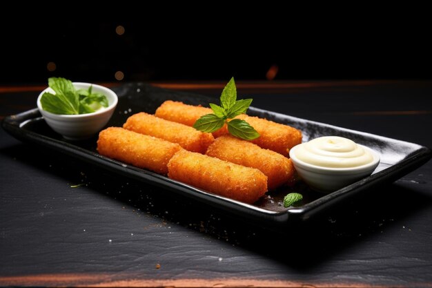 Mozzarella sticks on a dark slate plate