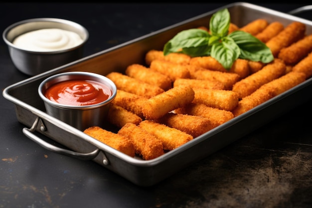 Photo mozzarella sticks on a stainless steel tray