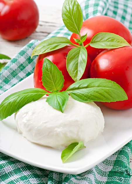 Foto mozzarella, pomodori e foglie di basilico fresco