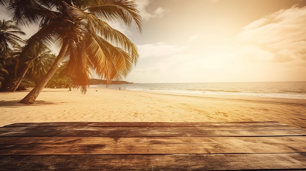 Mpty Wooden Table on a Stunning Tropical Beach Paradise