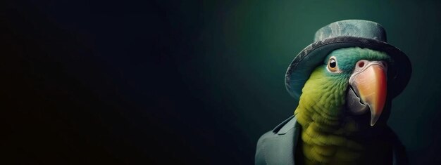 Photo mr green parrot gentleman in boss hat scientist header banner mockup with copy space ai generated