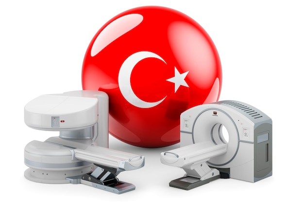 MRI- en CT-diagnostische onderzoekscentra in Turkije MRI-machine en CT-scanner met 3D-weergave van de Turkse vlag geïsoleerd op witte achtergrond