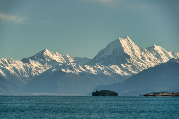 Mt Cook and the southern alps covered in snow at the far end of Lake Pukaki