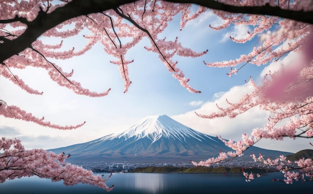 Mt Fuji in autumn view from lake Kawaguchiko Red maple leaves in Fuji Autumn foliage around