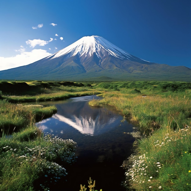 Mt Fuji in the early morning with the grass and flowers