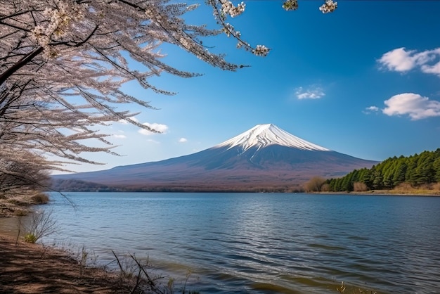 MT Fuji en Kersenbloesem bij Kawaguchiko-meer in Japan Generatieve AI