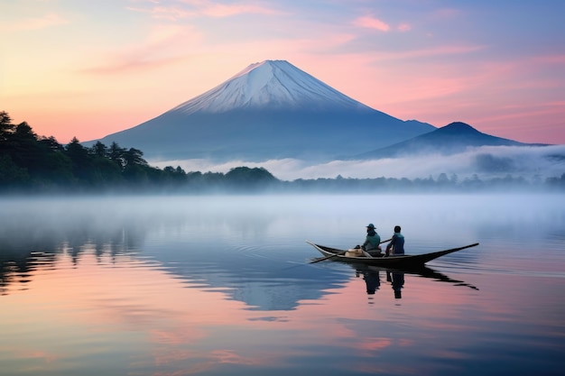 Mt Fuji at Lake Kawaguchiko Japan Sunrise Mt Fuji or Fujisan with the silhouette of three fishing people on boats and mist at Shoji Lake during twilight AI Generated