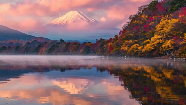 Photo mt fuji over lake kawaguchiko with autumn foliage at sunrise in fujikawaguchiko japan