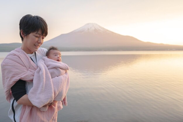 Mt Fuji Lake Yamanaka and parents and children