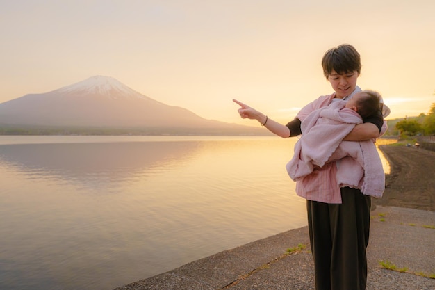 Mt Fuji Lake Yamanaka and parents and children