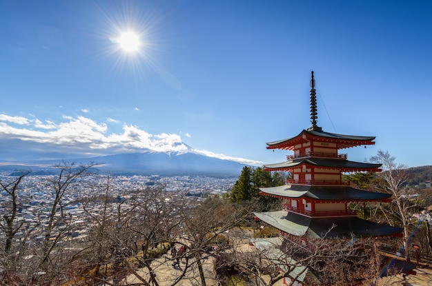 山秋の仏塔と富士