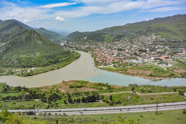 Mtkvari river meets the Aragvi with Svetitskhoveli Cathedral as seen from Jvari monastery Georgia