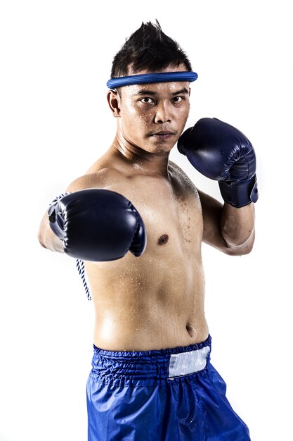 Muay thai, Asian man exercising thai boxing isolated on white background 