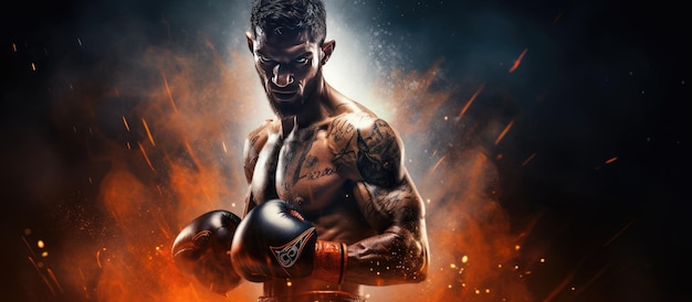 Muay Thai boxer fighting with gloves smoke and sparks in isolated background with copy space