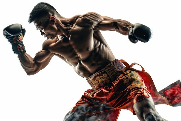 Photo muay thai fighter delivering elbow hit on white background