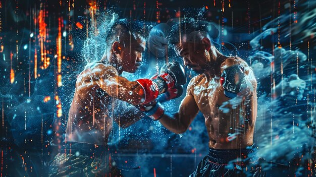 Photo muay thai fighters training with discipline and intensity in digital gym setting