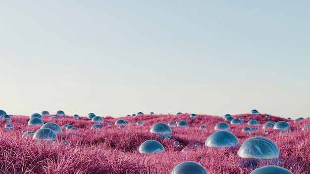 写真 バイオレット ピンクのシュールな夏の風景の中で多くの澄んだ青い泡。抽象的な背景