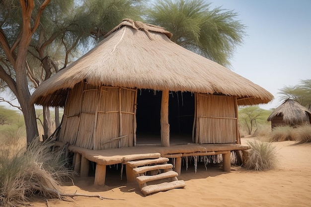 Foto cotta di paglia di fango e di legno con tetto di paglia nel cespuglio della namibia, in africa