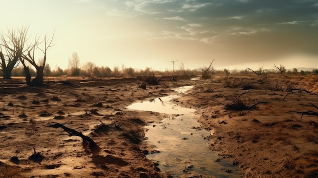 A muddy area with a small stream