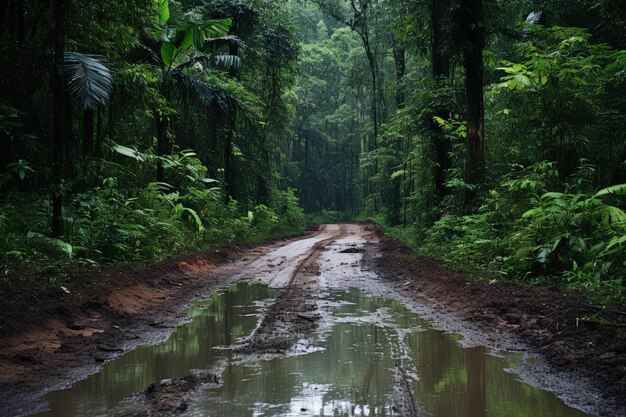 Foto sentiero fangoso attraverso la lussureggiante foresta