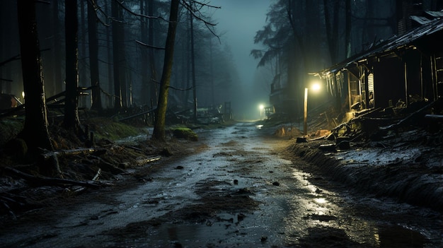 Muddy road in a dark forest with lamp post side of the road at dark night