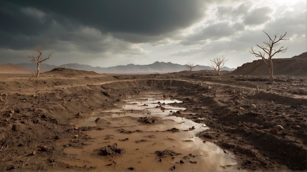 a muddy road with a puddle of water in the middle of it