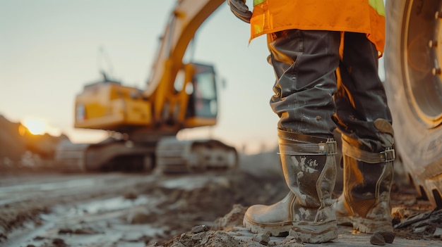 Muddy Safety Boots at Construction Site during Sunset