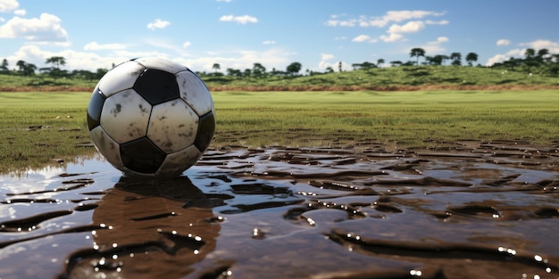 Photo muddy soccer ball on soaked pitch with puddle soccer green field after rain with dirty classic ball