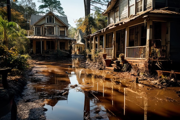 A muddy street with houses and a puddle of water generative ai image