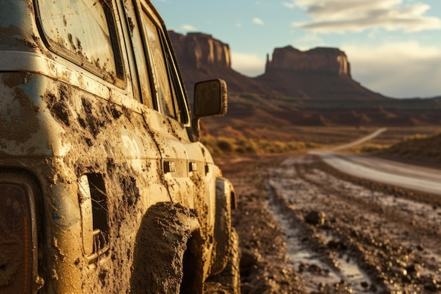 Photo a muddy truck is seen navigating a bumpy dirt road covered in splatters of mud as it continues its journey through the rugged terrain