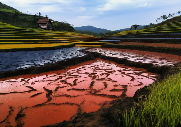 a muddy water flowing down a rice field