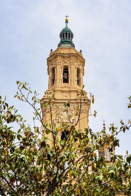 Mudejar style tower with its bell tower in the tourist city of Zaragoza Spain