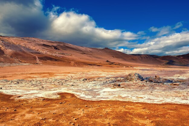 Mudpots in the geothermal area Hverir, Iceland. The area around the boiling mud is multicolored and cracked.