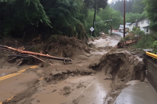 Mudslide brings down tree blocking the road