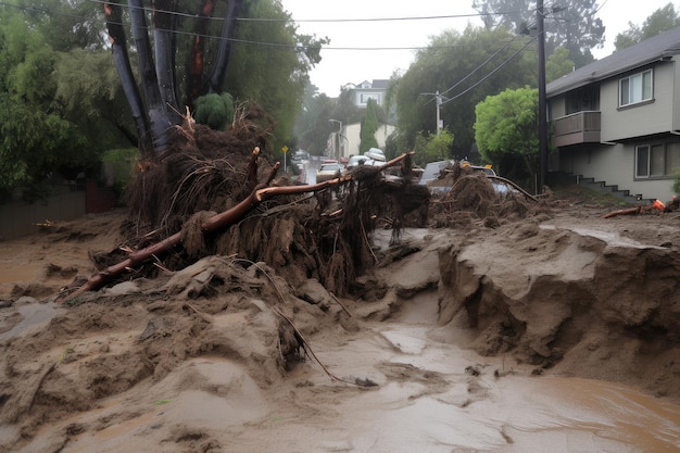 Mudslide brings down tree blocking the road