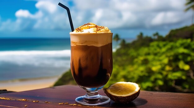 Mudslide cocktail on background with blue sea and sky tropical background Generative AI