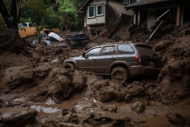 Mudslide swallows house and cars during stormy night created with generative ai